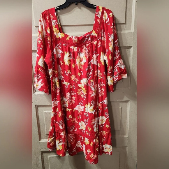 Floral Square Neck Red Mini Dres - Picture 1 of 5